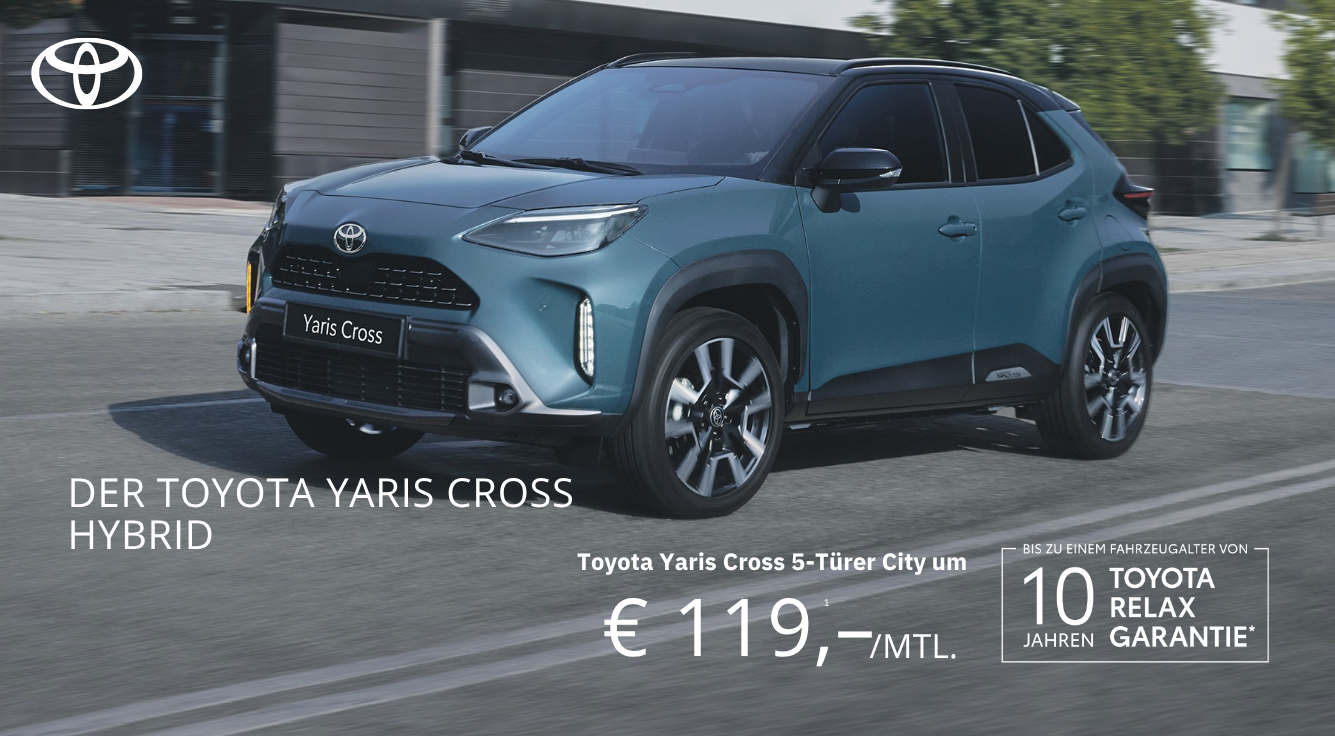 Foto mit folgendem Text: Toyota Yaris Cross Hybrid, fahrend, Straße, blau metallic