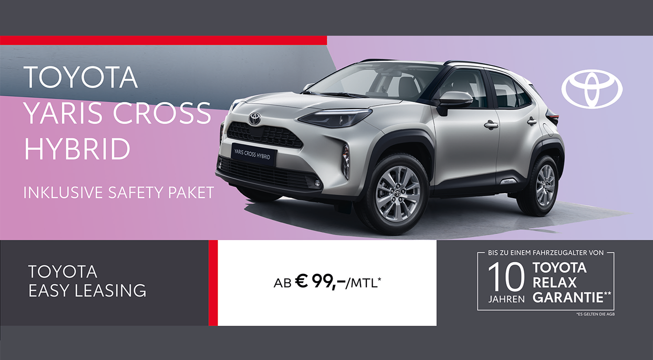 Foto mit folgendem Text: Toyota Yaris Cross Hybrid, Toyota Easy Leasing ab € 99 monatlich, ab € 26.990,-0