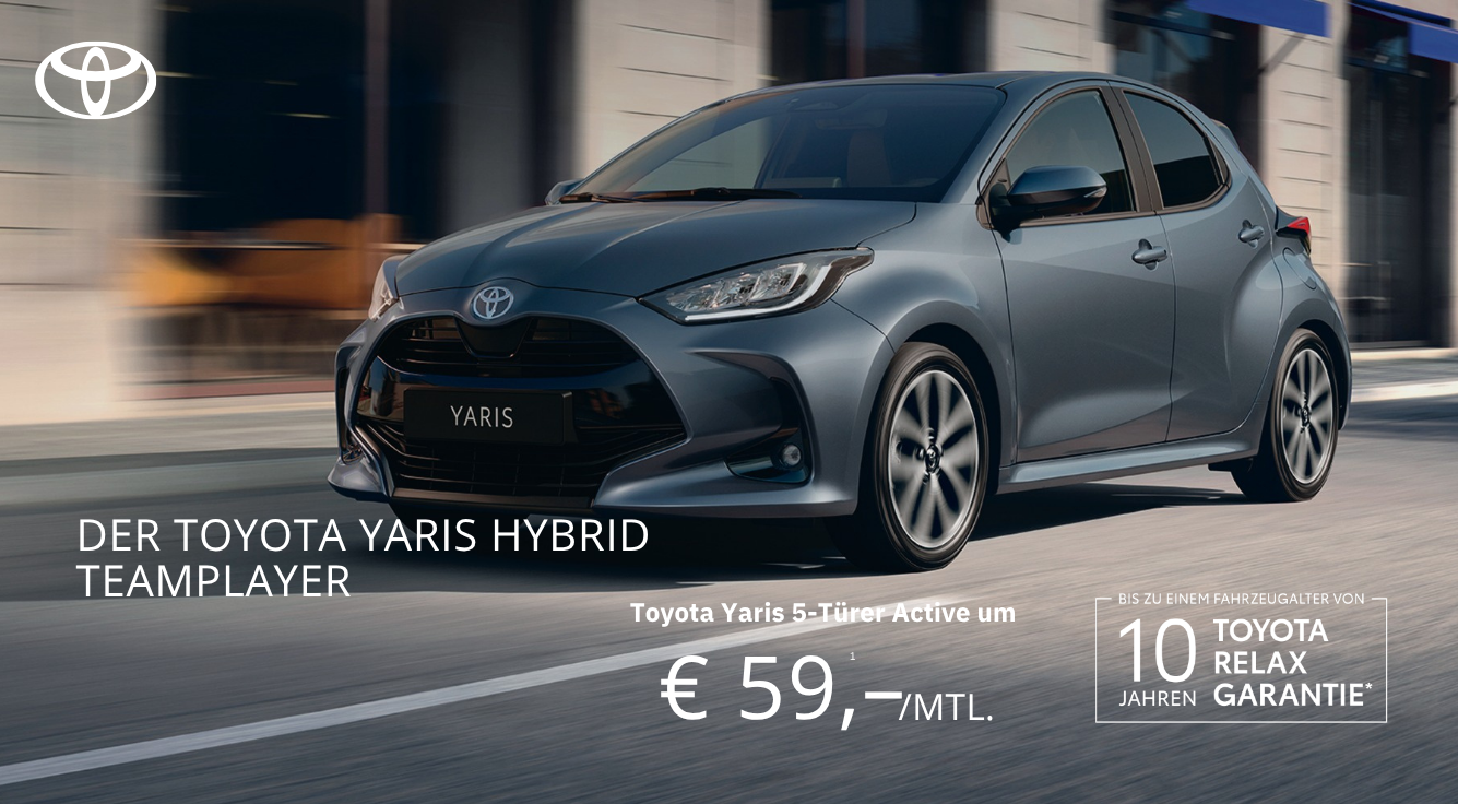 Foto mit folgendem Text: Toyota Yaris Hybrid, ab € 18.490,-